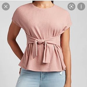 Express Light pink white Ribbed stripe capped short sleeve dressy top Tie waist